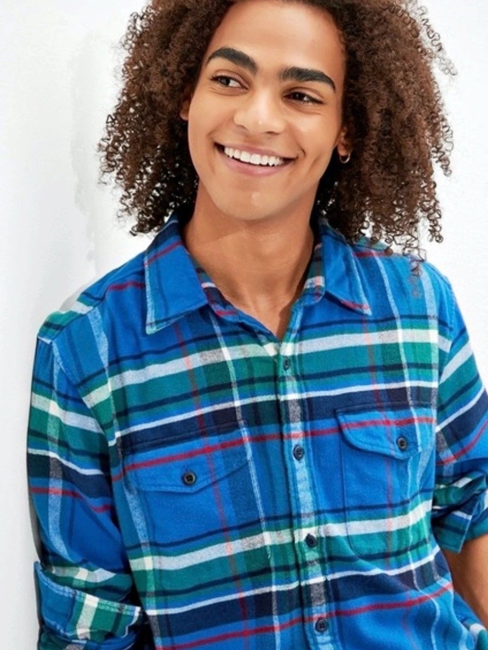 American Eagle Men's Plaid Button Down Blue & Green